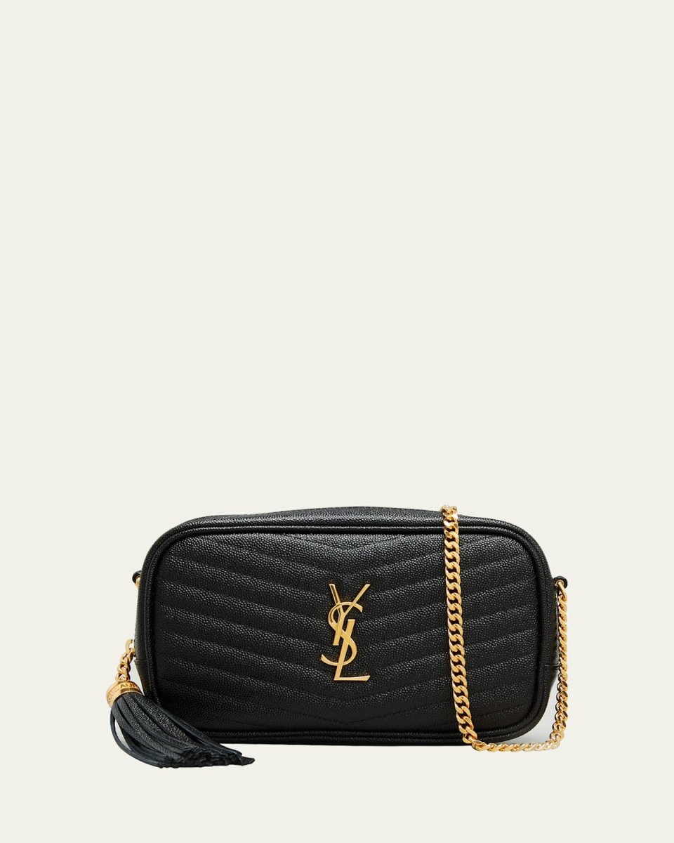 Lou Mini Camera Bag in Grained Quilted Leather with Tassel and Gold Hardware
